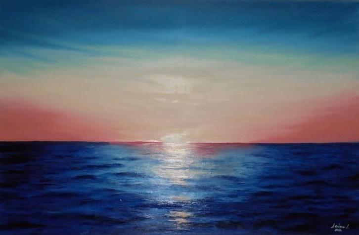 Sea sunset olieschilderij 75x115 cm, Antiek en Kunst, Kunst | Schilderijen | Klassiek, Ophalen of Verzenden