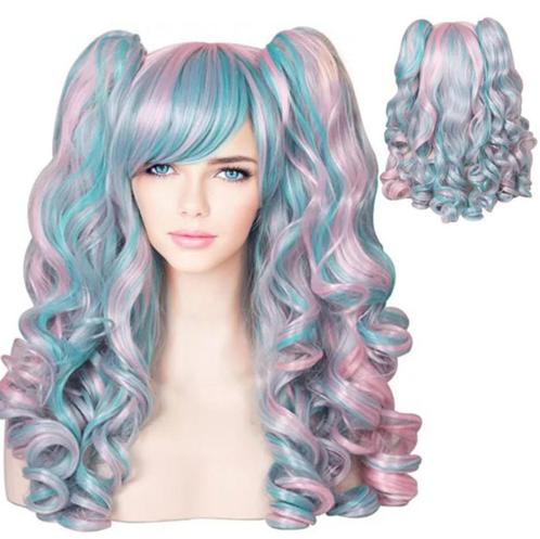 Lolita pruik roze blauw lang haar met krullen en 2 staarten, Bijoux, Sacs & Beauté, Beauté | Soins des cheveux, Neuf, Perruque ou Extension de cheveux