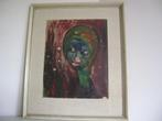 Schilderij jaren 50/60 vrouw kleurrijk olieverf op papier, Antiquités & Art, Art | Peinture | Moderne, Enlèvement ou Envoi