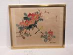 Antiek Oost-Aziatische aquarel op zijde-Bloemen en zangvogel, Antiek en Kunst, Ophalen of Verzenden