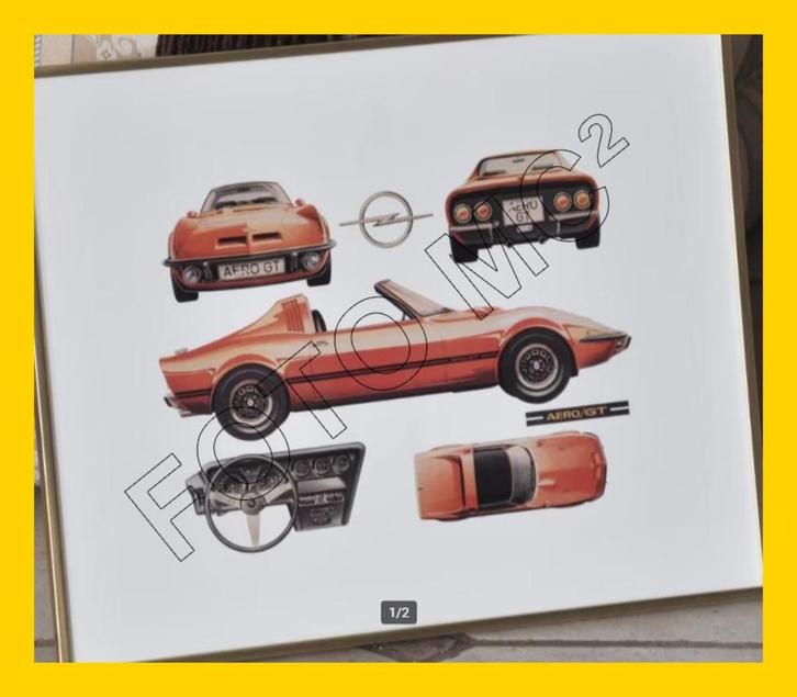 Goudkleurige Kader met prent AERO OPEL GT + prent Doorsnede, Collections, Marques automobiles, Motos & Formules 1, Enlèvement ou Envoi