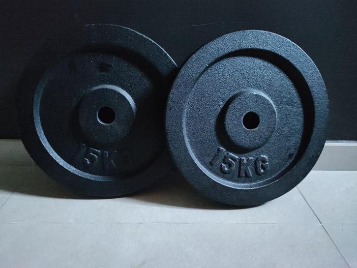 2 x 15kg Halterschijven (30mm)., Sport en Fitness, Fitnessmaterialen, Zo goed als nieuw, Halterschijven, Armen, Benen, Borst, Buik