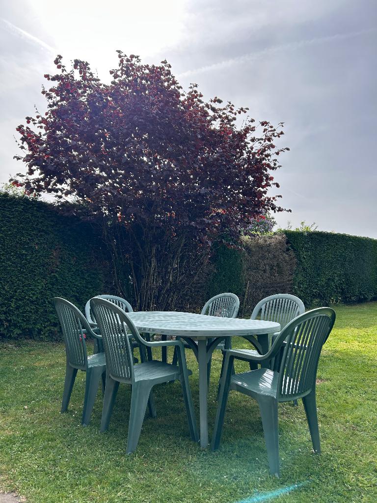 Table de jardin + 6 chaises, Ophalen, Gebruikt, Rechthoekig, Plastic