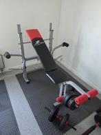 Fitness bank 60 kg gewichten 2halters omvormbaar tot 2 baren, Enlèvement, Comme neuf