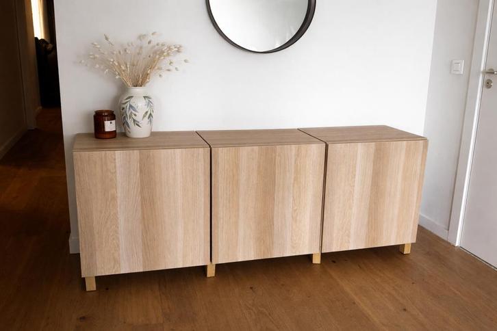 Modern dressoir / opbergkast – houtlook (3 modules), Huis en Inrichting, Kasten | Dressoirs, Zo goed als nieuw, Met deur(en), Ophalen