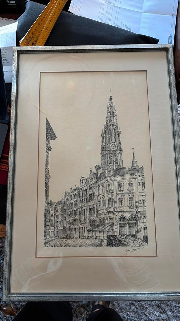 Pentekening Kathedraal Antwerpen, Antiek en Kunst, Ophalen of Verzenden