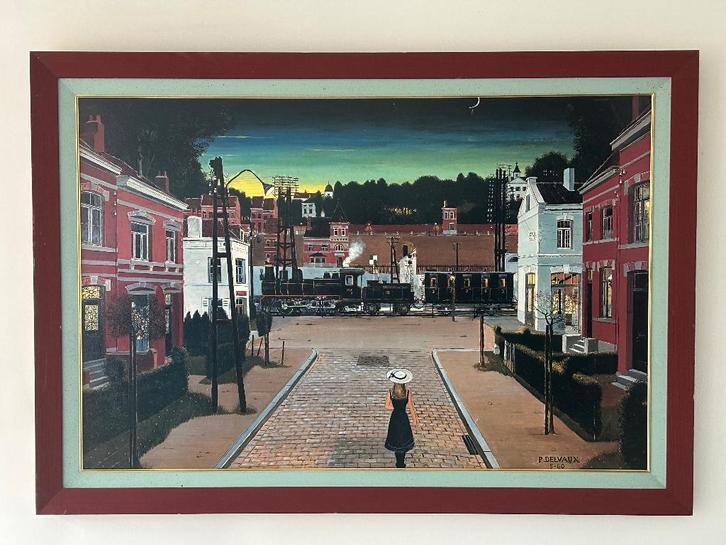 Grand tableau style Paul Delvaux – scène de train nocturne, Antiquités & Art, Art | Peinture | Classique, Enlèvement
