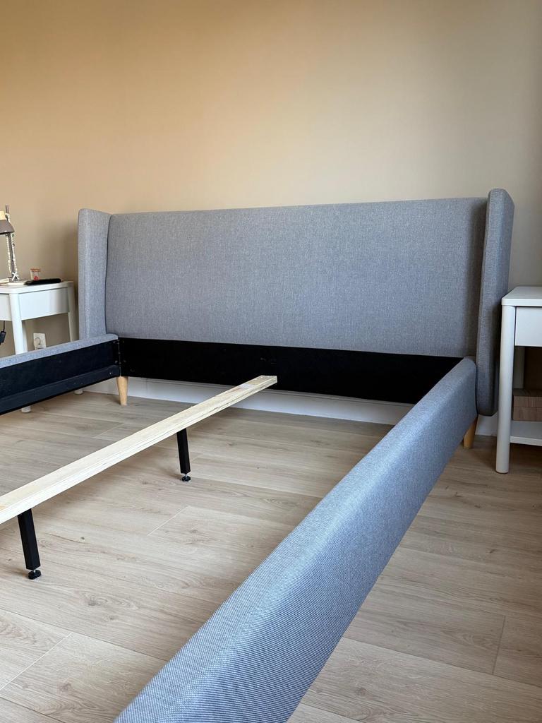 Cadre de lit 160x200, Gris, Tissu, Queen size, Comme neuf