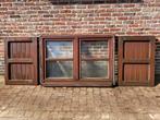 Raam + luiken in duurzaam afzelia hout - dubbel mat glas, Gebruikt, Raamkozijn, Inclusief glas, 75 tot 150 cm
