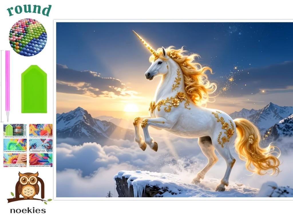 nr 103 Diamond Painting Eenhoorn wit goud 50x40cm (rond), Verzenden, Nieuw, Overige materialen, Overige merken