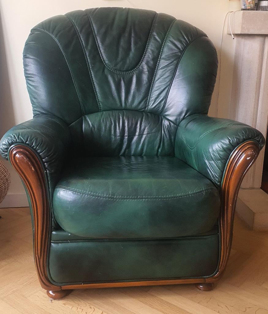 Fauteuil 1 place en cuir vert, Maison & Meubles, Fauteuils, Enlèvement, Utilisé, Cuir