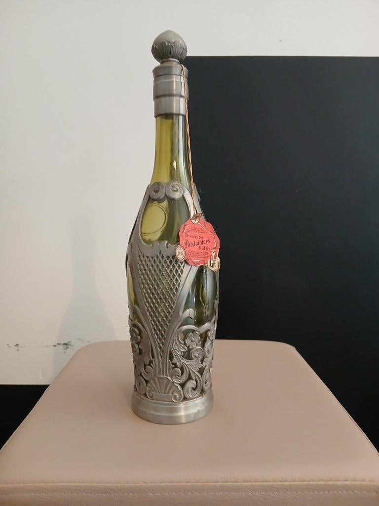 Bouteille étain et verre teinté vert, Antiquités & Art, Enlèvement ou Envoi