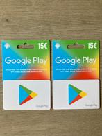 Google Play kaarten 2 x waarde €15 = €30, Télécoms, Cartes prépayées & Cartes SIM, Enlèvement ou Envoi, Neuf