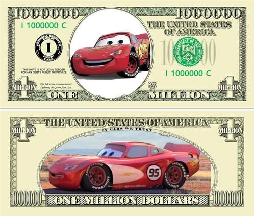 USA 1 Million Dollar 'Lightning Mc Queen' banknote - NEW, Postzegels en Munten, Bankbiljetten | Amerika, Los biljet, Noord-Amerika