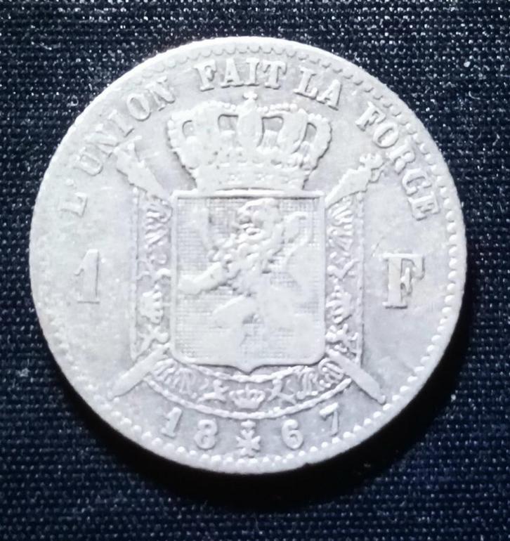 1 frank FR 1867 - Leopold II, Postzegels en Munten, Munten | België, Losse munt, Zilver, Zilver, Verzenden