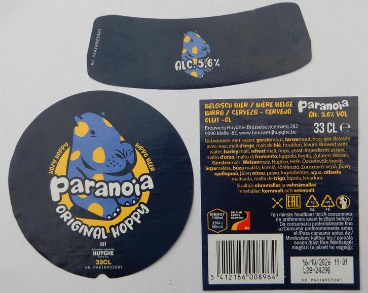 Bieretiket Paranoia Original hoppy Brouw. L. Huyghe (12e8), Verzamelen, Biermerken, Gebruikt, Ophalen of Verzenden