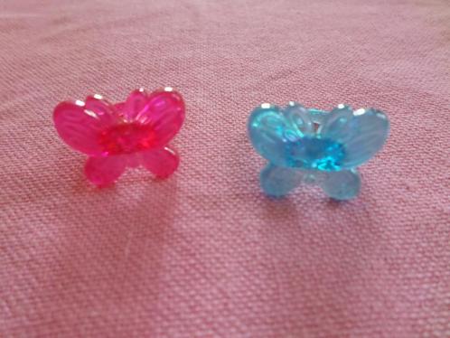 Set van 2 kinderringen Transparante vlinders Blauw roze, Handtassen en Accessoires, Ringen, Zo goed als nieuw, Dame, Blauw, Overige materialen