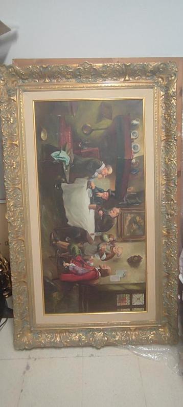 Zeer groot oud olie schilderij op doek gezellige tafereel beschikbaar voor biedingen
