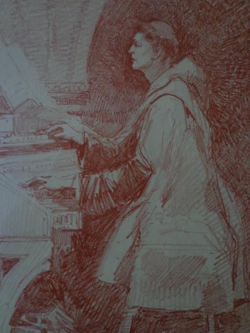 Lithographie en rouge-marron Alfred Bastien Joueur d'orgue, Antiquités & Art, Art | Lithographies & Sérigraphies, Enlèvement