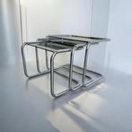 Set van 3 vintage chromen nesting tables / bijzettafels, Huis en Inrichting, Ophalen of Verzenden, Glas