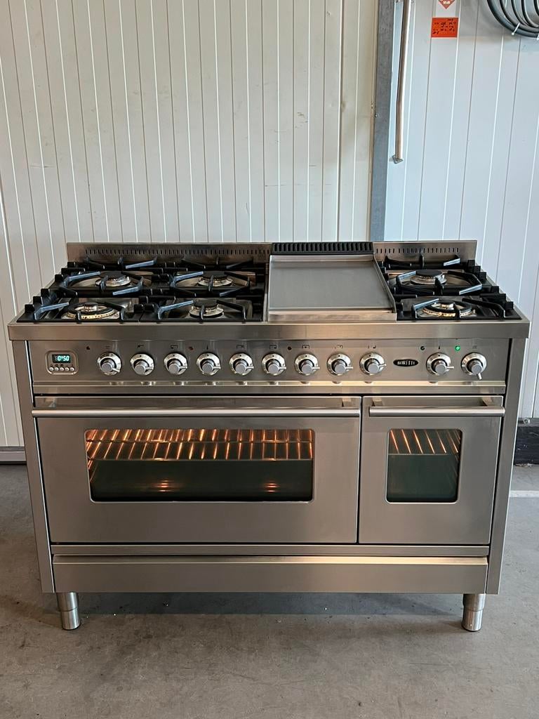 Luxe Boretti 7-pits RVS-fornuis 120 cm met frytop, Electroménager, Cuisinières, Comme neuf, Enlèvement