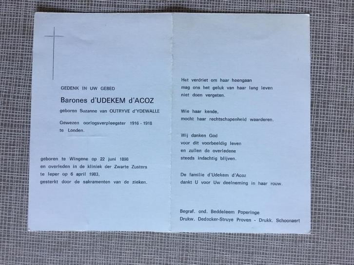 Barones Grootmoeder Koningin Mathilde +Ieper 1983 (WOI), Verzamelen, Bidprentjes en Rouwkaarten, Bidprentje, Verzenden
