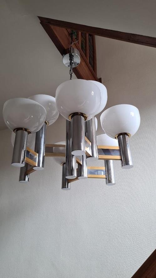 hanglamp Sciolarri, chroom /goud, jaren zeventig, kapjes, Huis en Inrichting, Lampen | Hanglampen, Gebruikt, 50 tot 75 cm, Ophalen