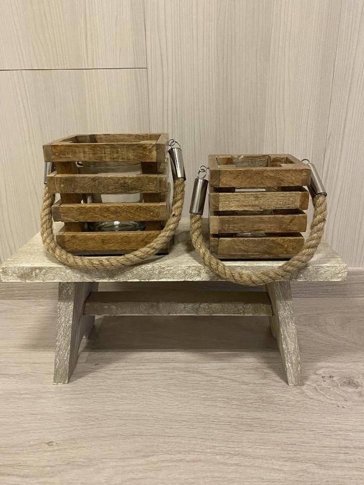 set van 2 houten theelichten, Huis en Inrichting, Woonaccessoires | Kandelaars en Kaarsen, Zo goed als nieuw, Kandelaar, Minder dan 25 cm