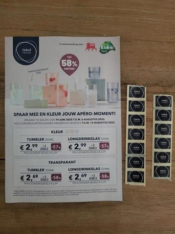 13 zegeltjes Delhaize glazen Table Talks (0,5 euro per stuk) beschikbaar voor biedingen