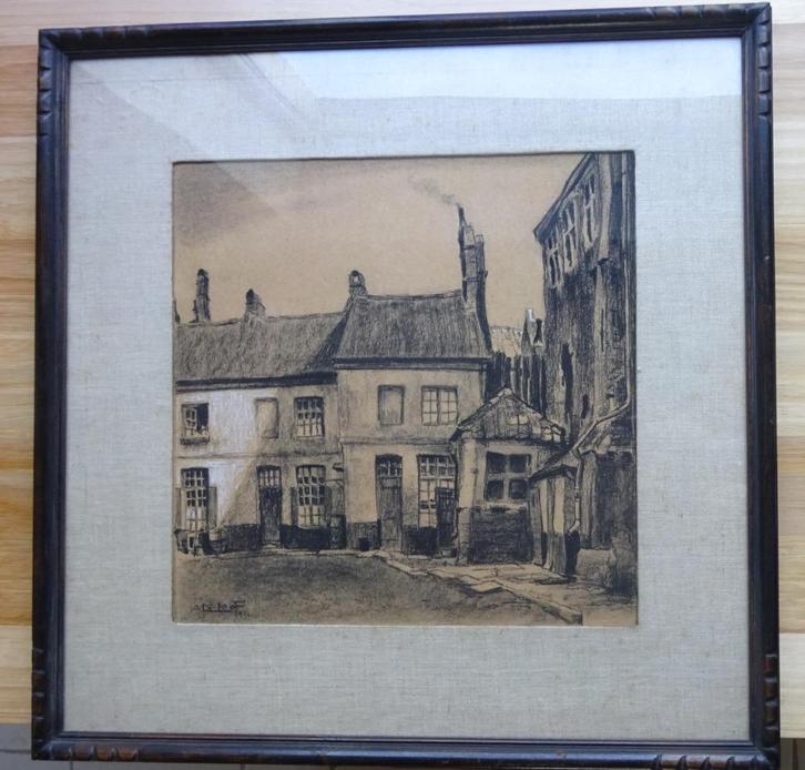 A. De Loof, pastel, stadszicht, 35x35, Antiek en Kunst, Kunst | Schilderijen | Klassiek, Ophalen