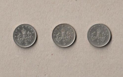 UK : 3 (gebruikte) munten van 5 p (1991-1992-1997), Postzegels en Munten, Munten | Europa | Niet-Euromunten, Setje, Ophalen of Verzenden