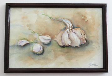 Leuk schilderij Stilleven Knoflook aquarel, gesigneerd. beschikbaar voor biedingen