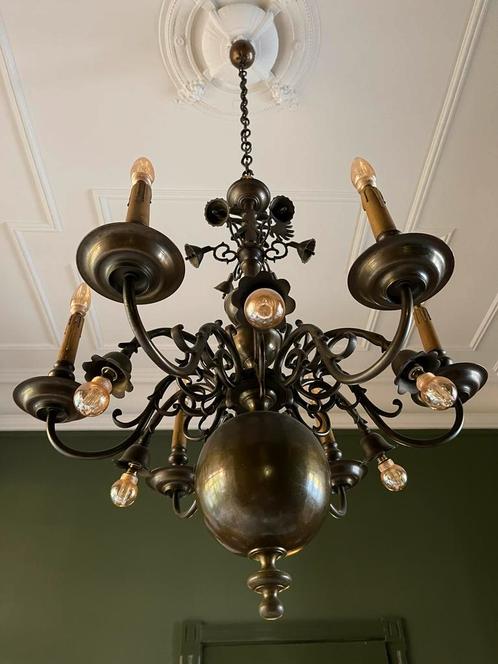 Zeer unieke Koper/messing luster in nette staat incl lampjes, Huis en Inrichting, Lampen | Kroonluchters, Gebruikt, Ophalen