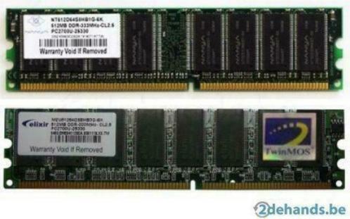 2 x 512 Mo de DDR-333 MHz-CL2.5 pc2700u, Informatique & Logiciels, Mémoire RAM, Desktop, DDR, Enlèvement ou Envoi