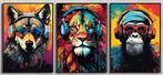 Kleurrijke canvasposters leeuw, aap en wolf met headphones, Antiek en Kunst, Ophalen of Verzenden