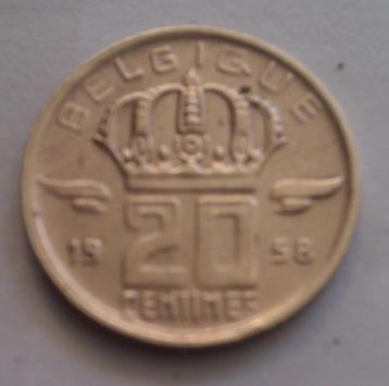 België 20 ct 1958 KM#146 Type B (FR) VERY FINE .. beschikbaar voor biedingen