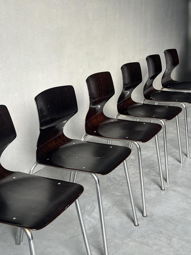 Vintage hout + chroom Pagholz stoelen, set van 6, Huis en Inrichting, Stoelen, Hout, Ophalen