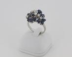 Vintage 18k witgouden ring bezet met diamanten en saffieren, Goud, Met edelsteen, Ophalen of Verzenden, Ring