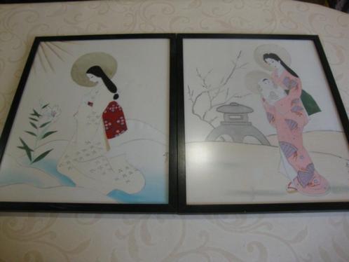 2 japanse aquarel tekeningen.prijsdaling., Antiquités & Art, Art | Dessins & Photographie, Enlèvement