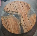 Salon tafel met hout en glas ingewerkt., Huis en Inrichting, Tafels | Salontafels, Ophalen, Zo goed als nieuw, Glas