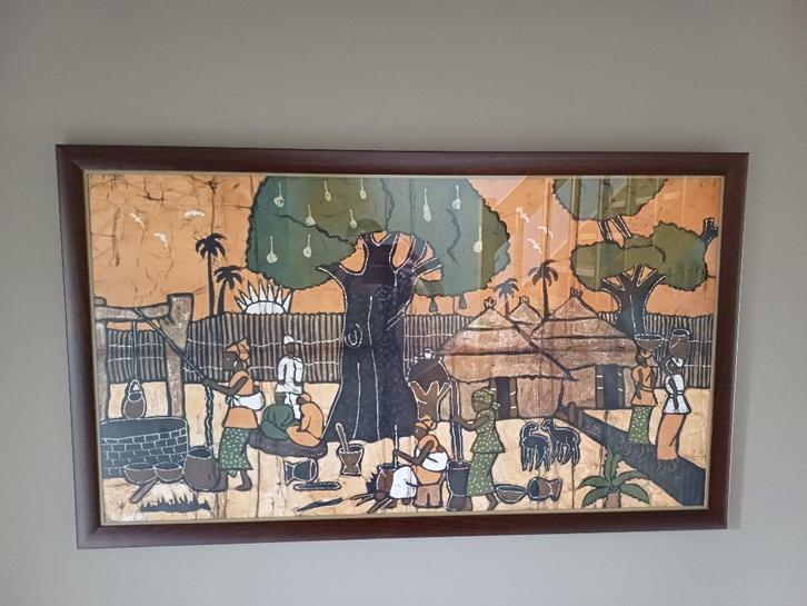 Afrikaanse tekening op doek achter glas, Antiek en Kunst, Kunst | Schilderijen | Klassiek, Ophalen