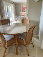 LLoyd Loom ronde tafel + 4 stoelen, Comme neuf, 100 à 150 cm, 100 à 150 cm, Rond