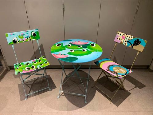 Terrasset 1 tafel en 2 stoelen Pylones, Tuin en Terras, Tuinsets en Loungesets, Gebruikt, Tuinset, 2 zitplaatsen, Eettafel, Stoel