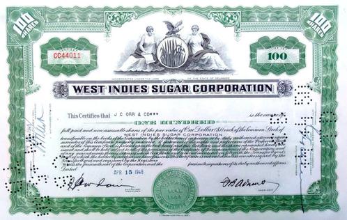 West Indies Sugar Corporation 1948, Postzegels en Munten, Aandelen en Waardepapieren, Certificaat van aandeel, 1920 tot 1950, Ophalen of Verzenden