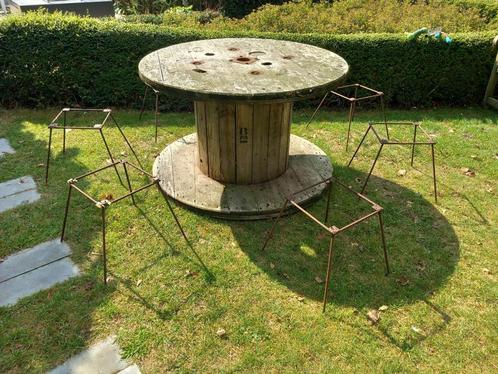 tuintafel met 6 zitstoeltjes / Bobijn, Tuin en Terras, Tuintafels, Gebruikt, Rond, Hout, Ophalen