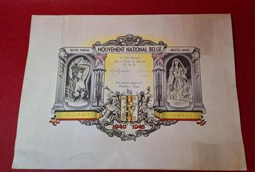 Oud diploma 1940-45 Mouvement National Belge beschikbaar voor biedingen