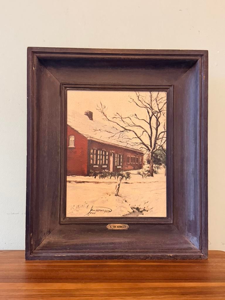 Winterlandschap – R. Van Herwegen – gesigneerd, Antiquités & Art, Art | Peinture | Classique, Enlèvement