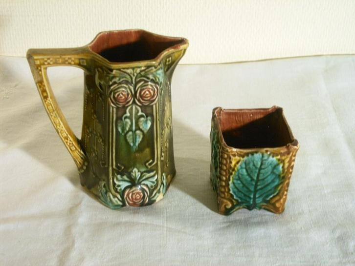 Barbotine kannetje en vaasje., Antiek en Kunst, Antiek | Keramiek en Aardewerk, Ophalen of Verzenden