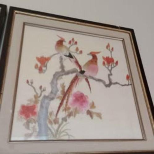Vogels op doek met heel fijn zijdedraad genaaid, Antiek en Kunst, Kunst | Schilderijen | Klassiek, Ophalen
