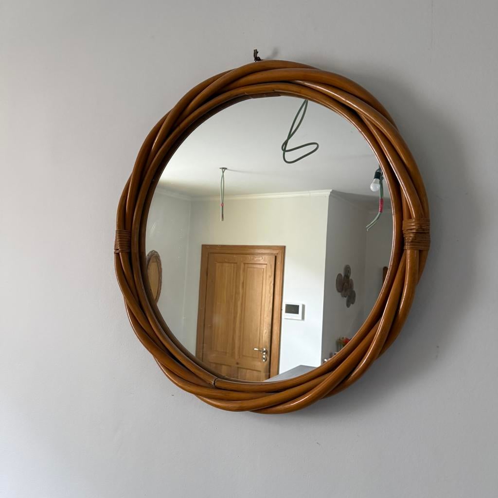 Miroir vintage rond en rotin, Maison & Meubles, No, Rond, Comme neuf, Enlèvement